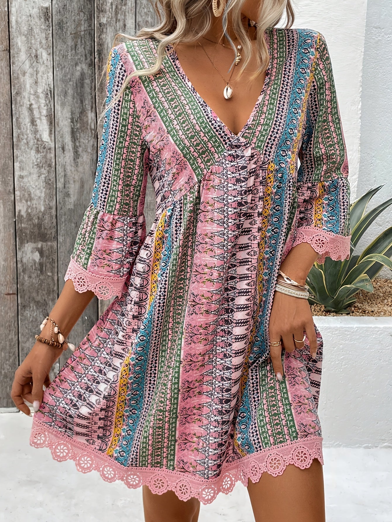 Mirela™ Bohemian Lace Trim Dress