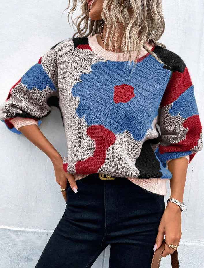 Women’s Patterned Knit Jumper with Round Neck and Balloon Sleeves