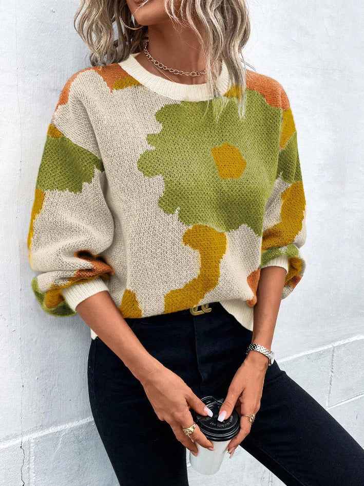 Women’s Patterned Knit Jumper with Round Neck and Balloon Sleeves