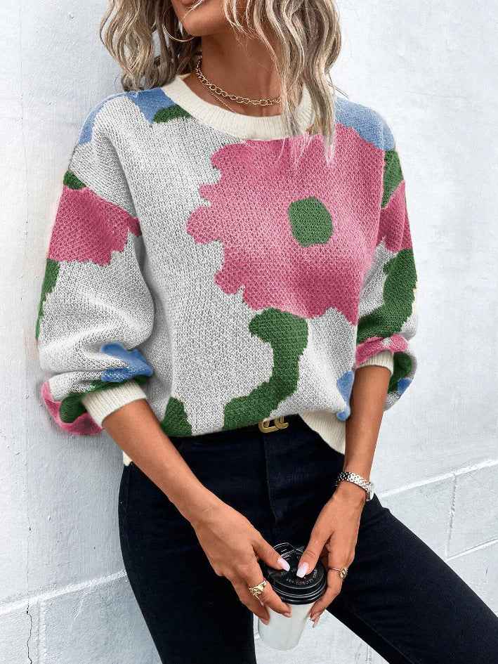 Women’s Patterned Knit Jumper with Round Neck and Balloon Sleeves