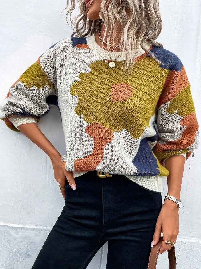 Women’s Patterned Knit Jumper with Round Neck and Balloon Sleeves
