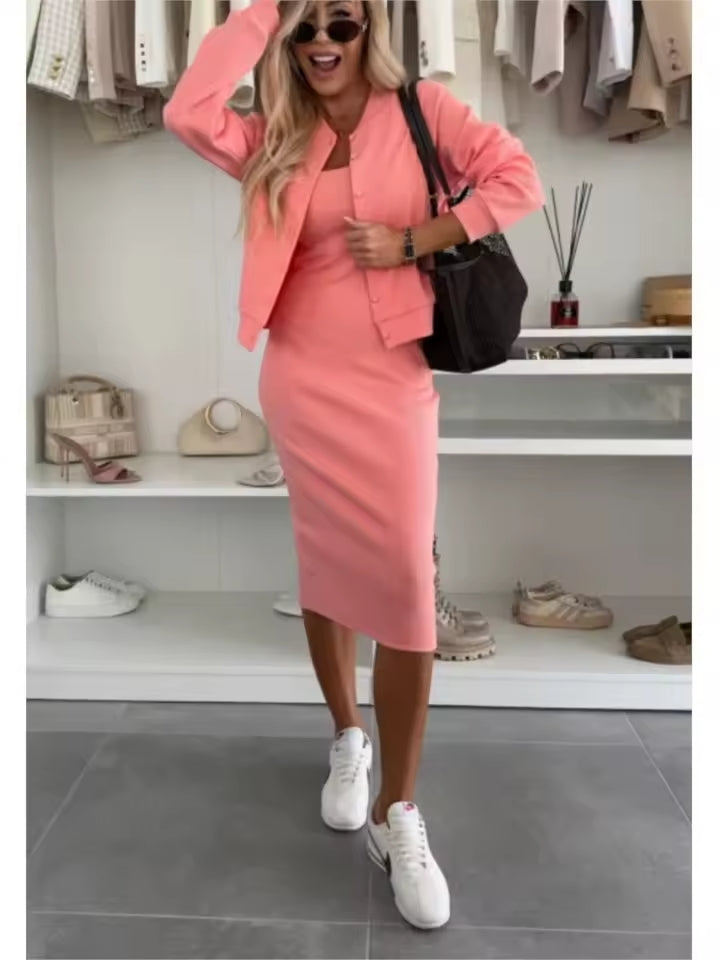 AMELIA™ Ribbed knit midi dress & bomber jacket set