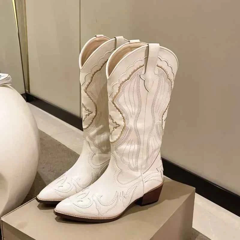 Women's Vintage Square Toe Thick Heel Leather Boots with Embroidery and Side Zipper - Autumn Footwear