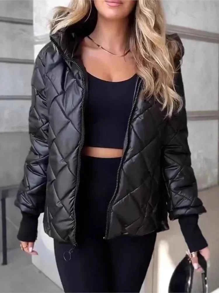 Women's Quilted Hooded Winter Coat – Cozy Padded Jacket with Zipper