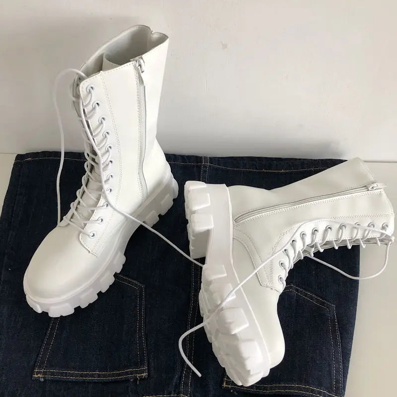 Women's Autumn Winter Mid Calf Lace-Up Chelsea Boots with Zipper - Stylish Platform Heel Footwear