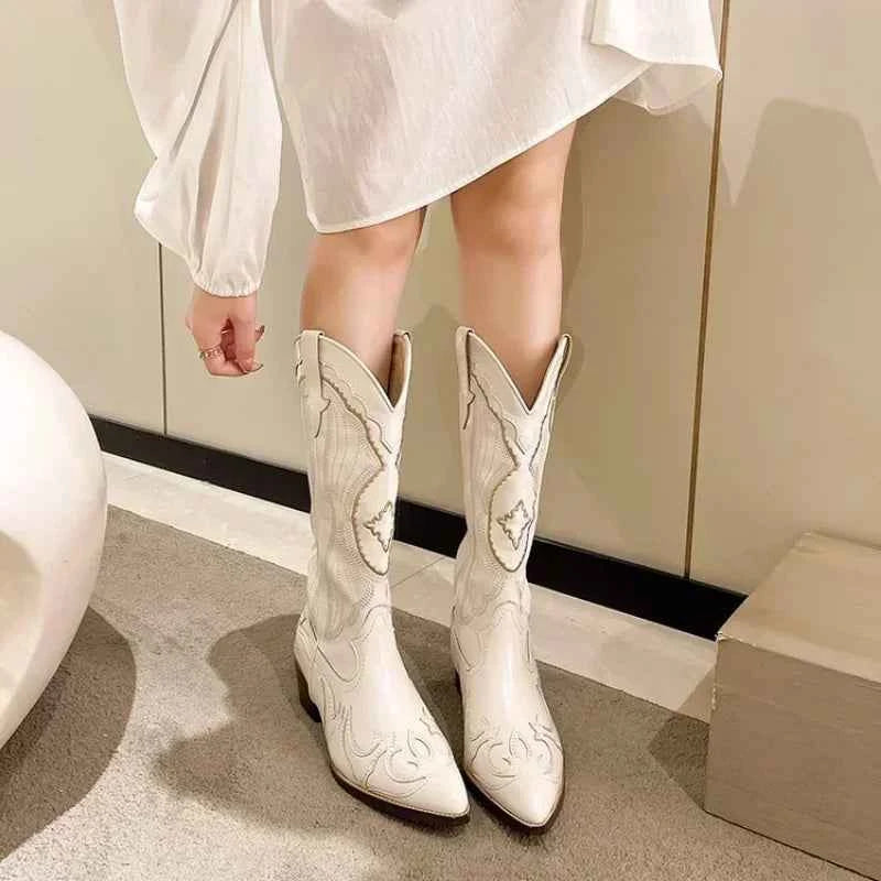 Women's Vintage Square Toe Thick Heel Leather Boots with Embroidery and Side Zipper - Autumn Footwear