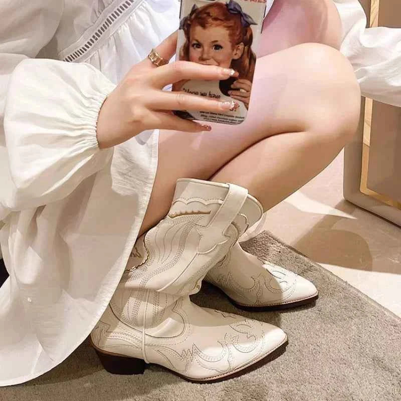Women's Vintage Square Toe Thick Heel Leather Boots with Embroidery and Side Zipper - Autumn Footwear
