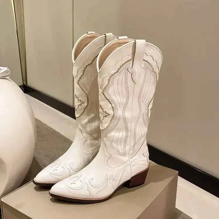 Women's Vintage Square Toe Thick Heel Leather Boots with Embroidery and Side Zipper - Autumn Footwear