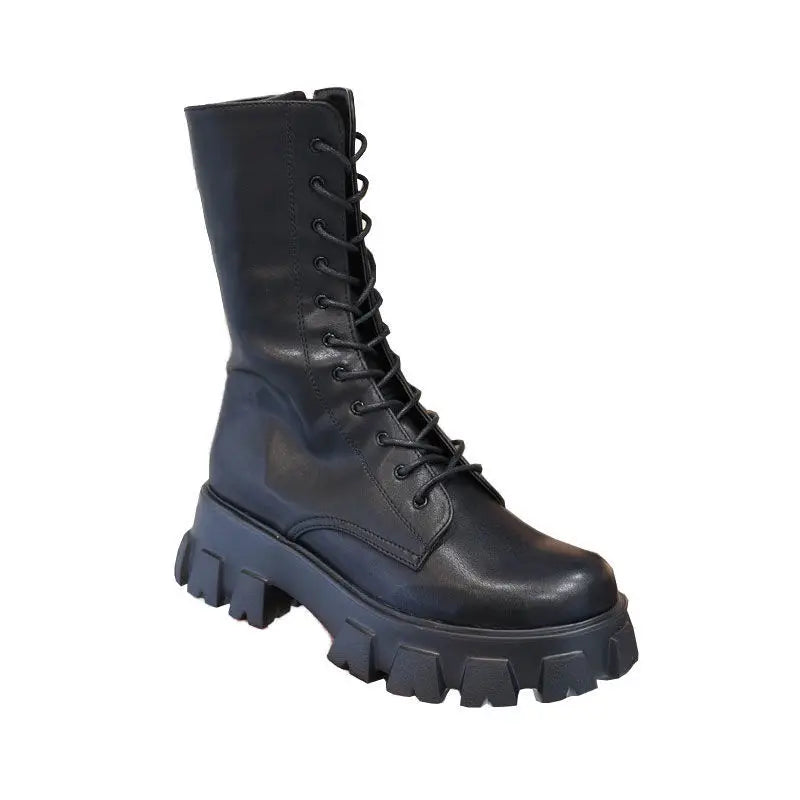 Women's Autumn Winter Mid Calf Lace-Up Chelsea Boots with Zipper - Stylish Platform Heel Footwear
