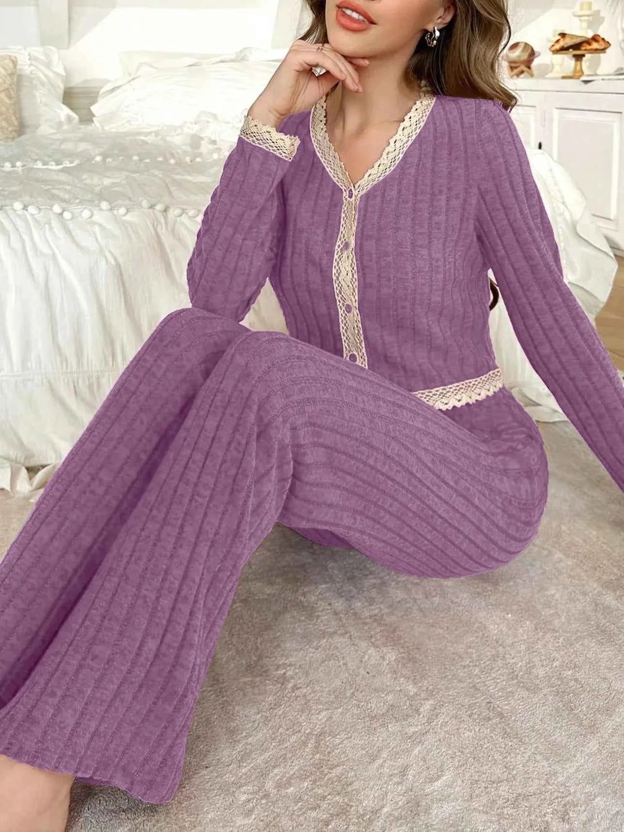 Women's Two-Piece Solid Casual Pyjama Set