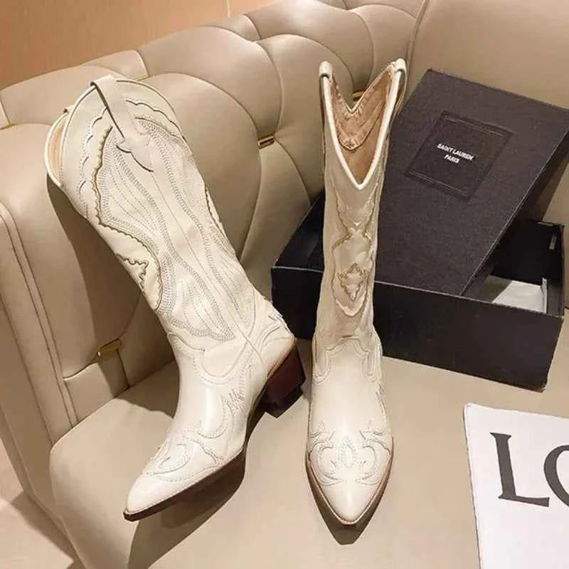Women's Vintage Square Toe Thick Heel Leather Boots with Embroidery and Side Zipper - Autumn Footwear