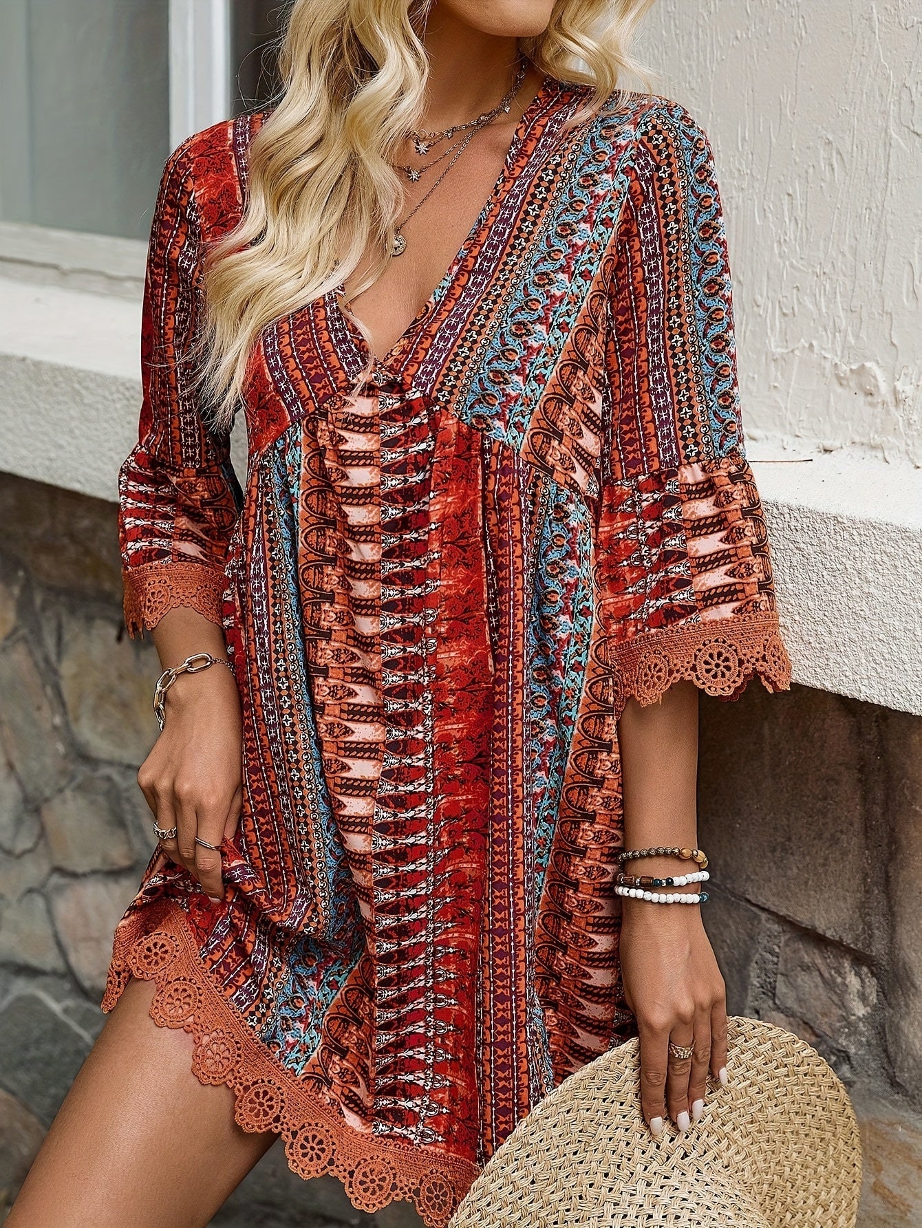 Mirela™ Bohemian Lace Trim Dress