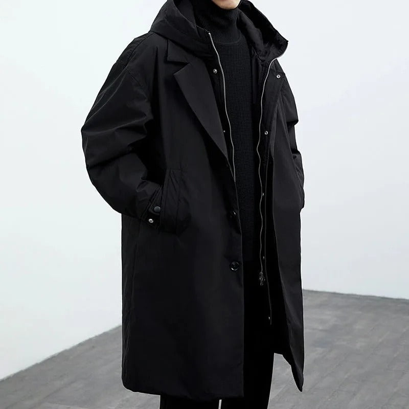 Men's Long Waterproof Hooded Puffer Trench Coat