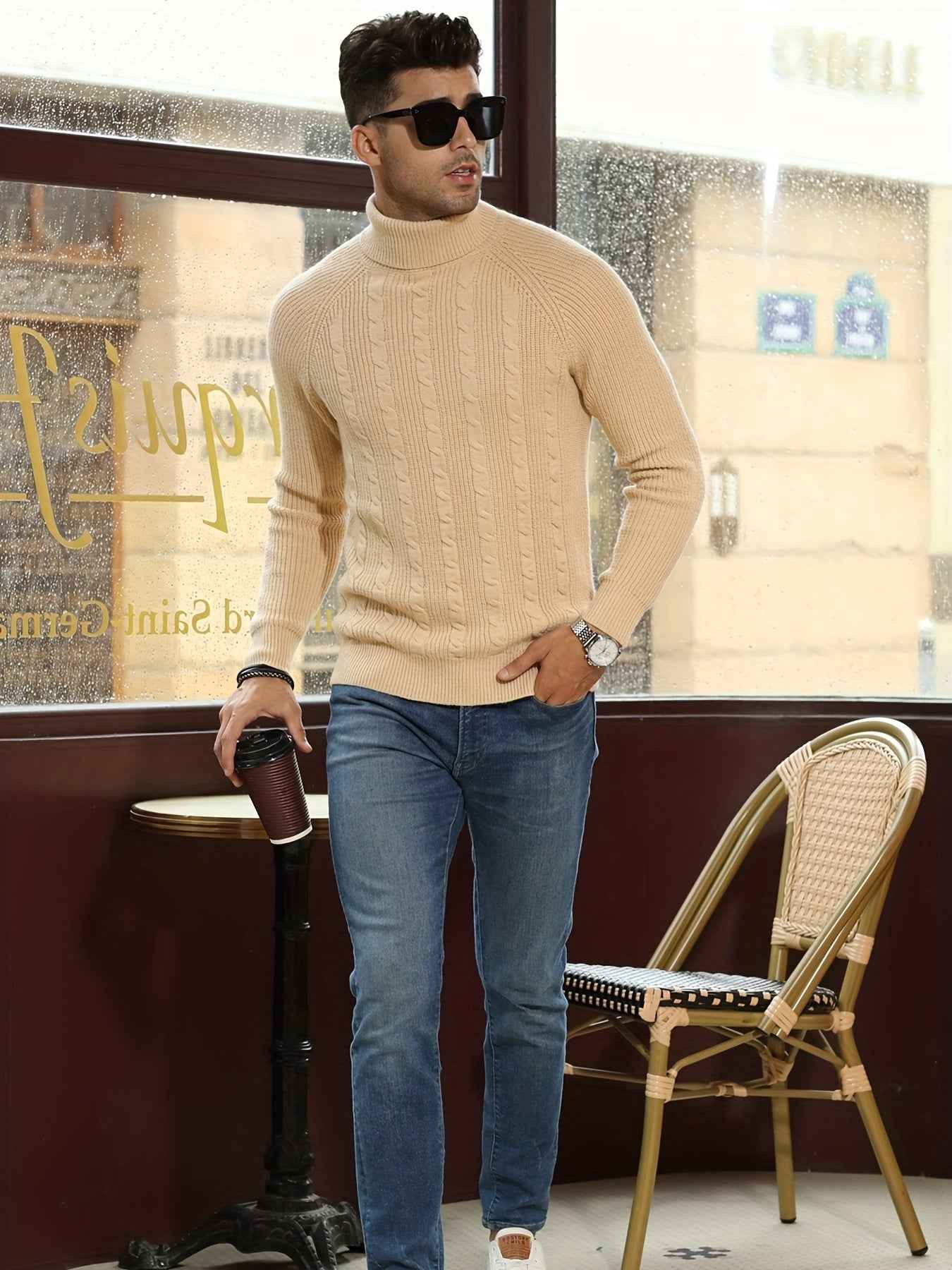 Beige Cashmere Knitted Turtleneck Sweater for Men | Perfect for Autumn/Winter