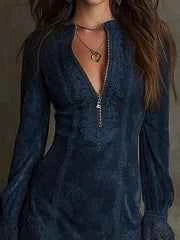 Blue Suede Mini Dress with Lace Trim