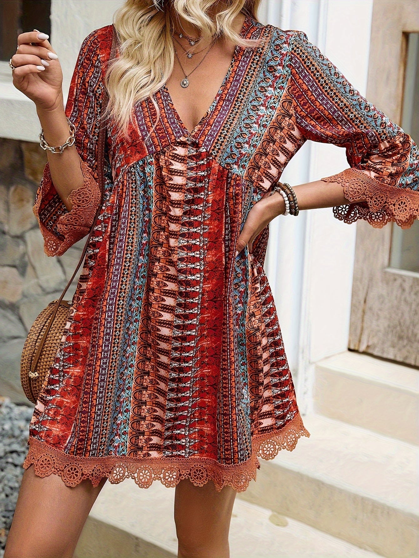 Mirela™ Bohemian Lace Trim Dress