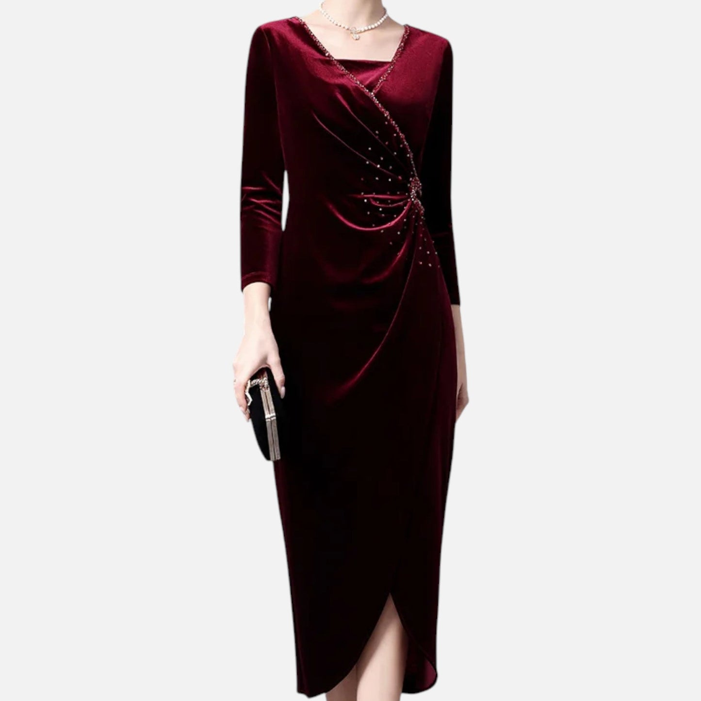 Velvet Wrap Dress with Draped Design - Navenport