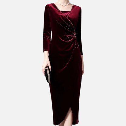 Velvet Wrap Dress with Draped Design - Navenport