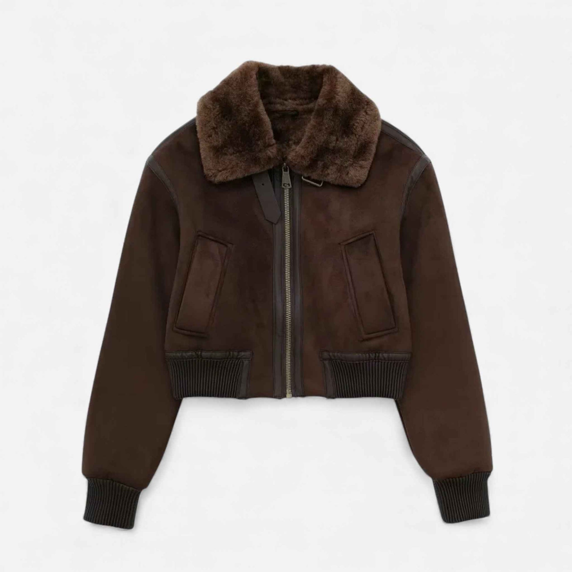 Luxe Faux Fur-Trimmed Brown Bomber Jacket for Women