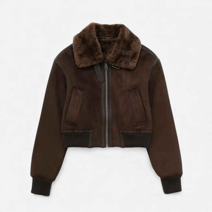 Luxe Faux Fur-Trimmed Brown Bomber Jacket for Women
