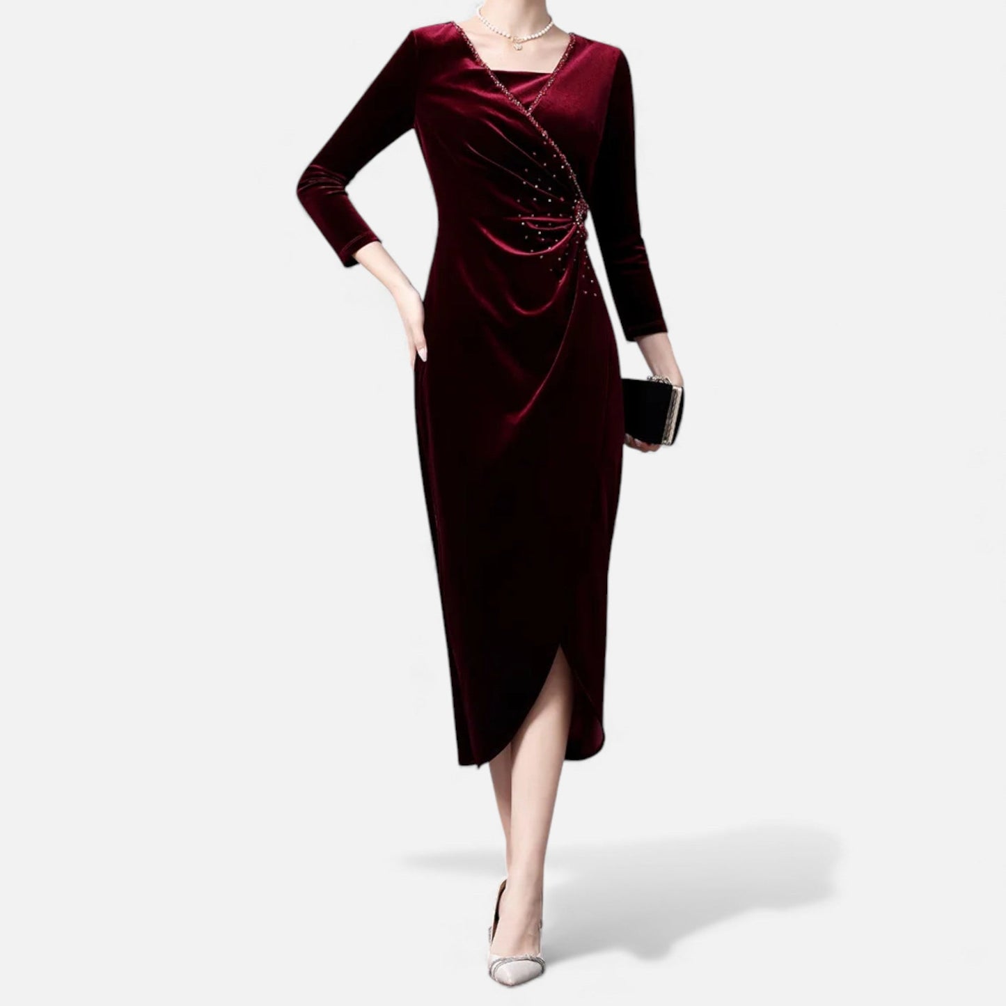 Velvet Wrap Dress with Draped Design - Navenport
