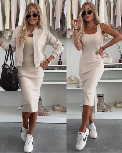 AMELIA™ Ribbed knit midi dress & bomber jacket set