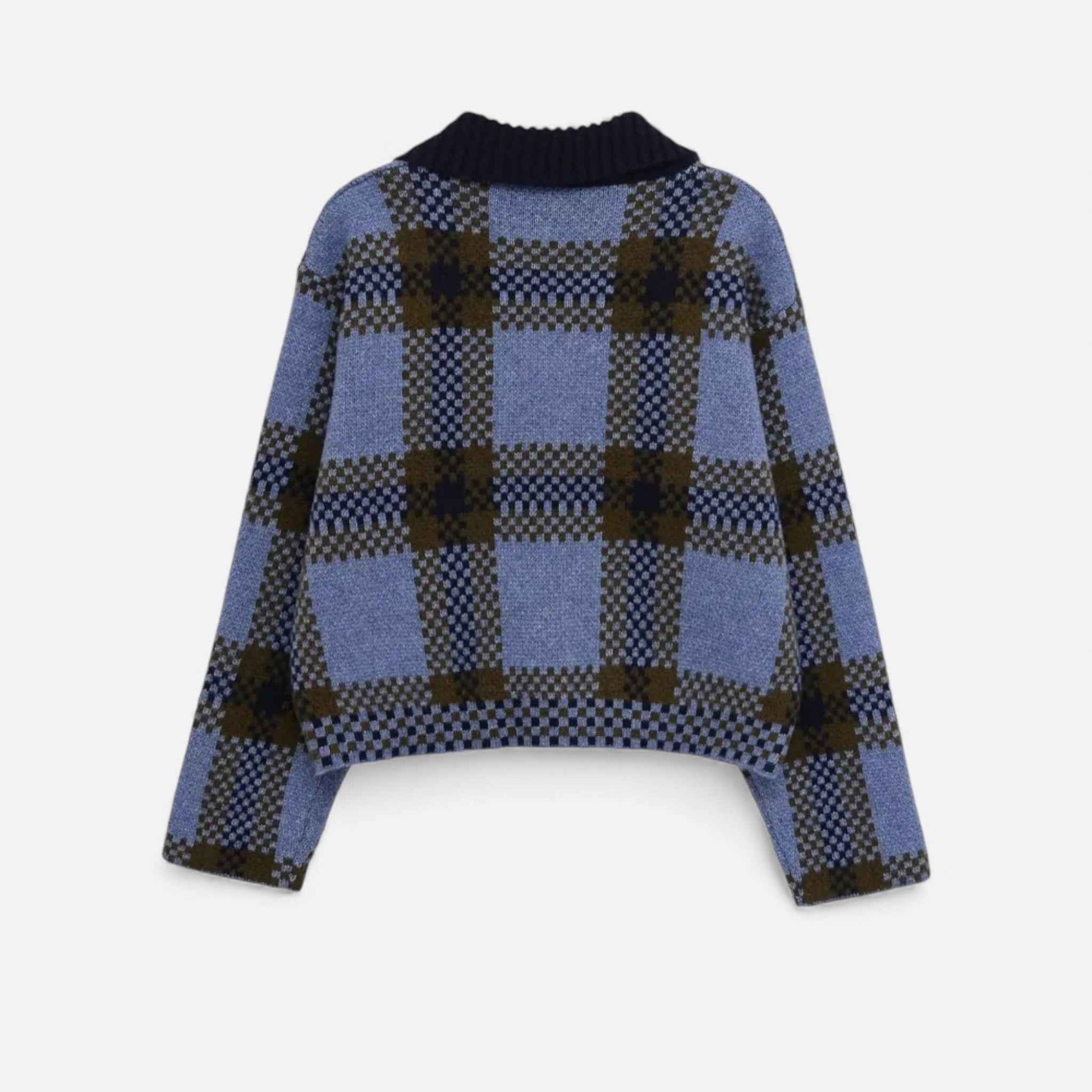 Women's Knitted Plaid Zipper Jacket with Collared Design