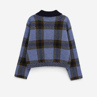 Women's Knitted Plaid Zipper Jacket with Collared Design