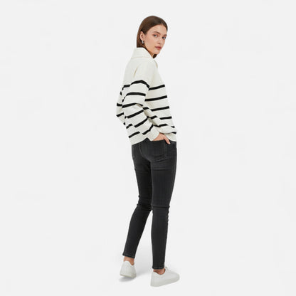 Elegant Women's Striped Polo Zip Sweater - Navenport