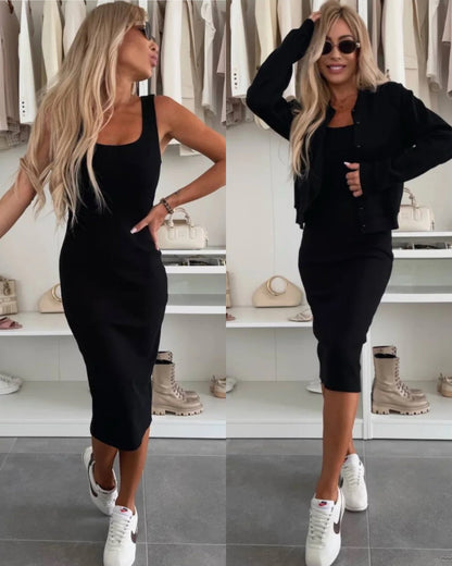 AMELIA™ Ribbed knit midi dress & bomber jacket set