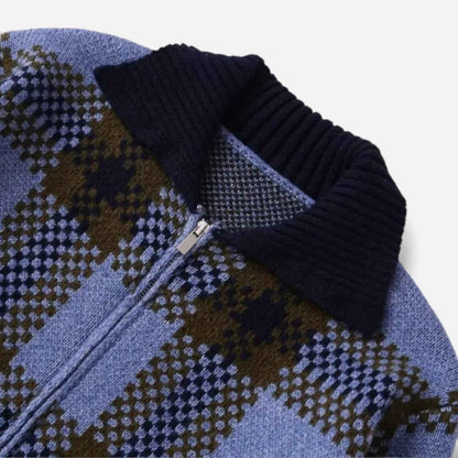 Women's Knitted Plaid Zipper Jacket with Collared Design