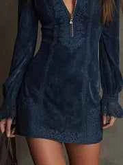 Blue Suede Mini Dress with Lace Trim