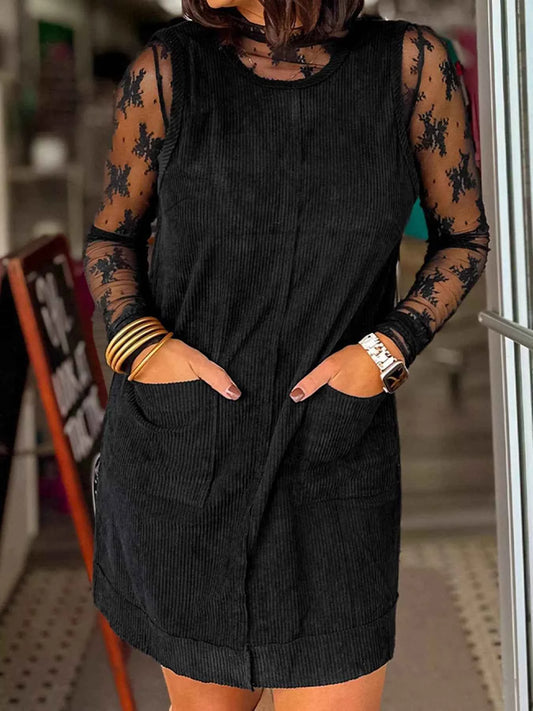 Corduroy Sleeveless Mini Dress with Patched Pockets