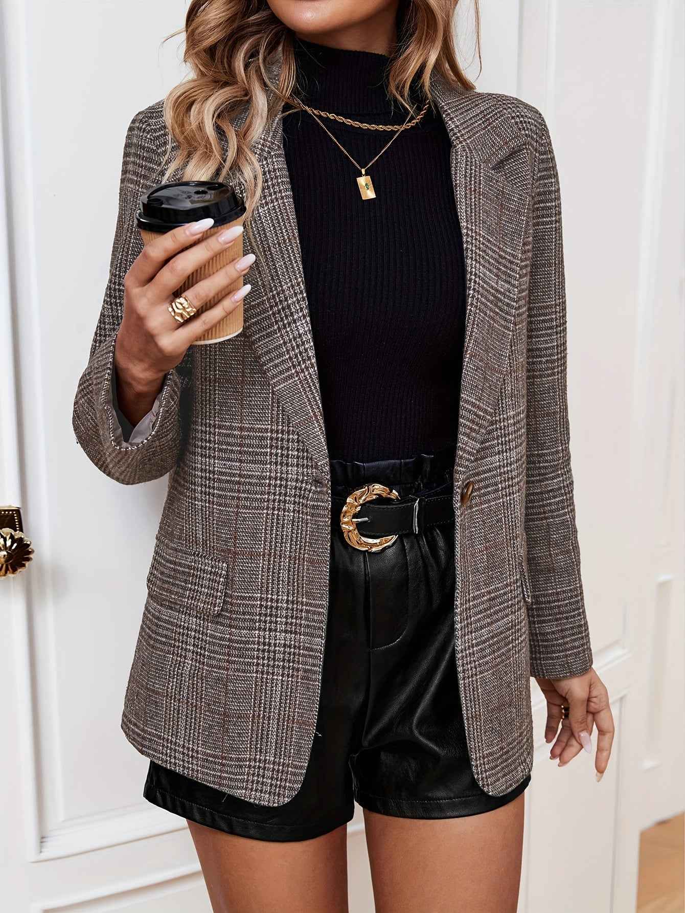 Women's Elegant Business Long Blazer with Grid Pattern and Notched Lapel | Ideal for All Seasons