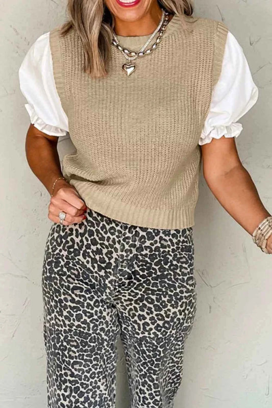 Round Neck Puff Sleeve Sweater for Women