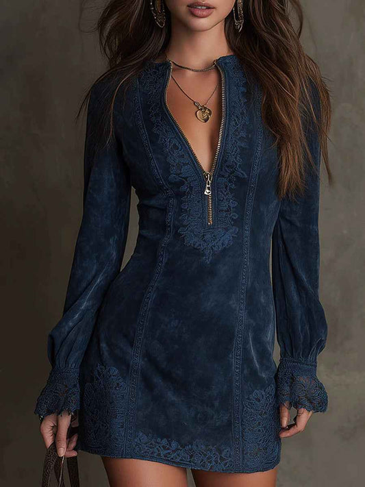 Roxanne Blue Suede Mini Dress with Lace Trim