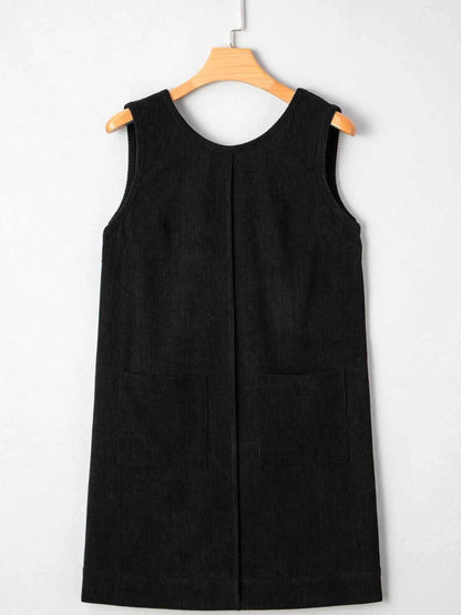 Corduroy Sleeveless Mini Dress with Patched Pockets