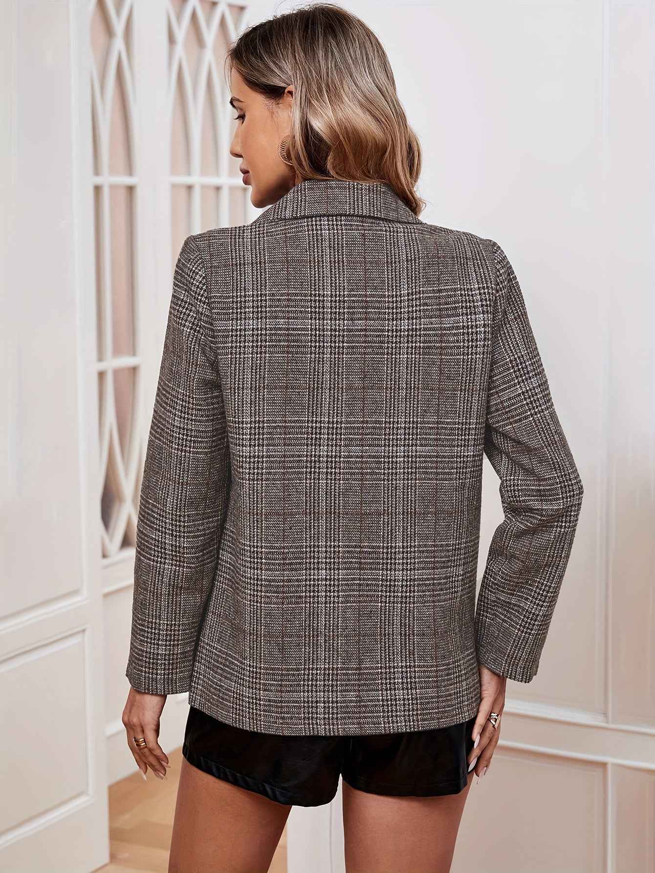Women's Elegant Business Long Blazer with Grid Pattern and Notched Lapel | Ideal for All Seasons