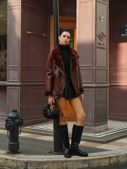 Women's Faux Burgundy Shearling Winter Coat