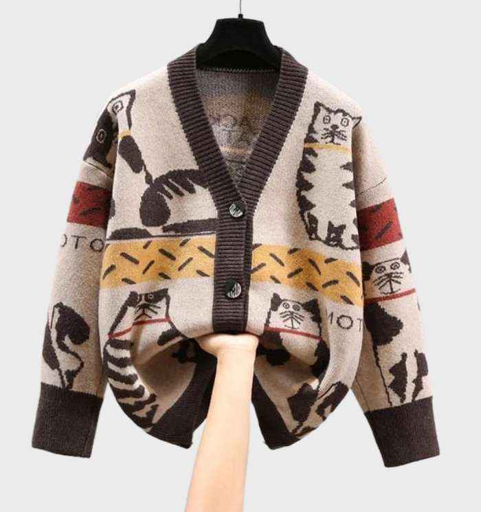 Stylish Women's Kitten Print Knit Cardigan with Buttons | Perfect for Winter