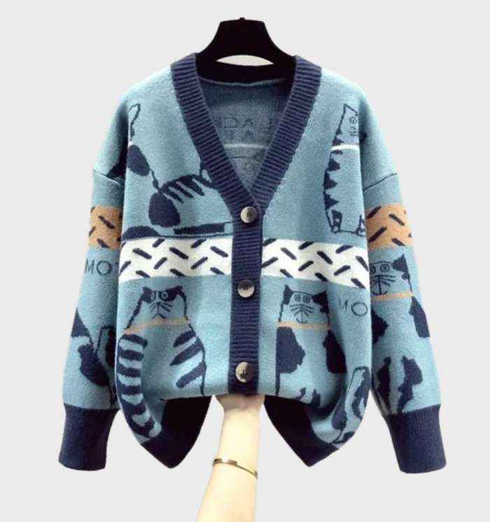 Stylish Women's Kitten Print Knit Cardigan with Buttons | Perfect for Winter
