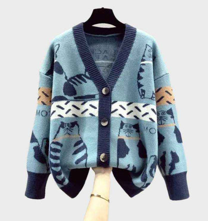 Stylish Women's Kitten Print Knit Cardigan with Buttons | Perfect for Winter