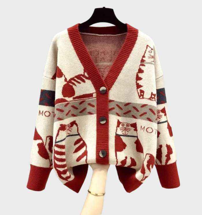 Stylish Women's Kitten Print Knit Cardigan with Buttons | Perfect for Winter