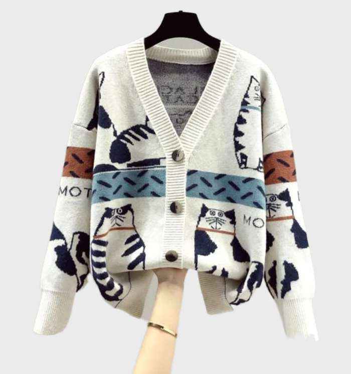 Stylish Women's Kitten Print Knit Cardigan with Buttons | Perfect for Winter