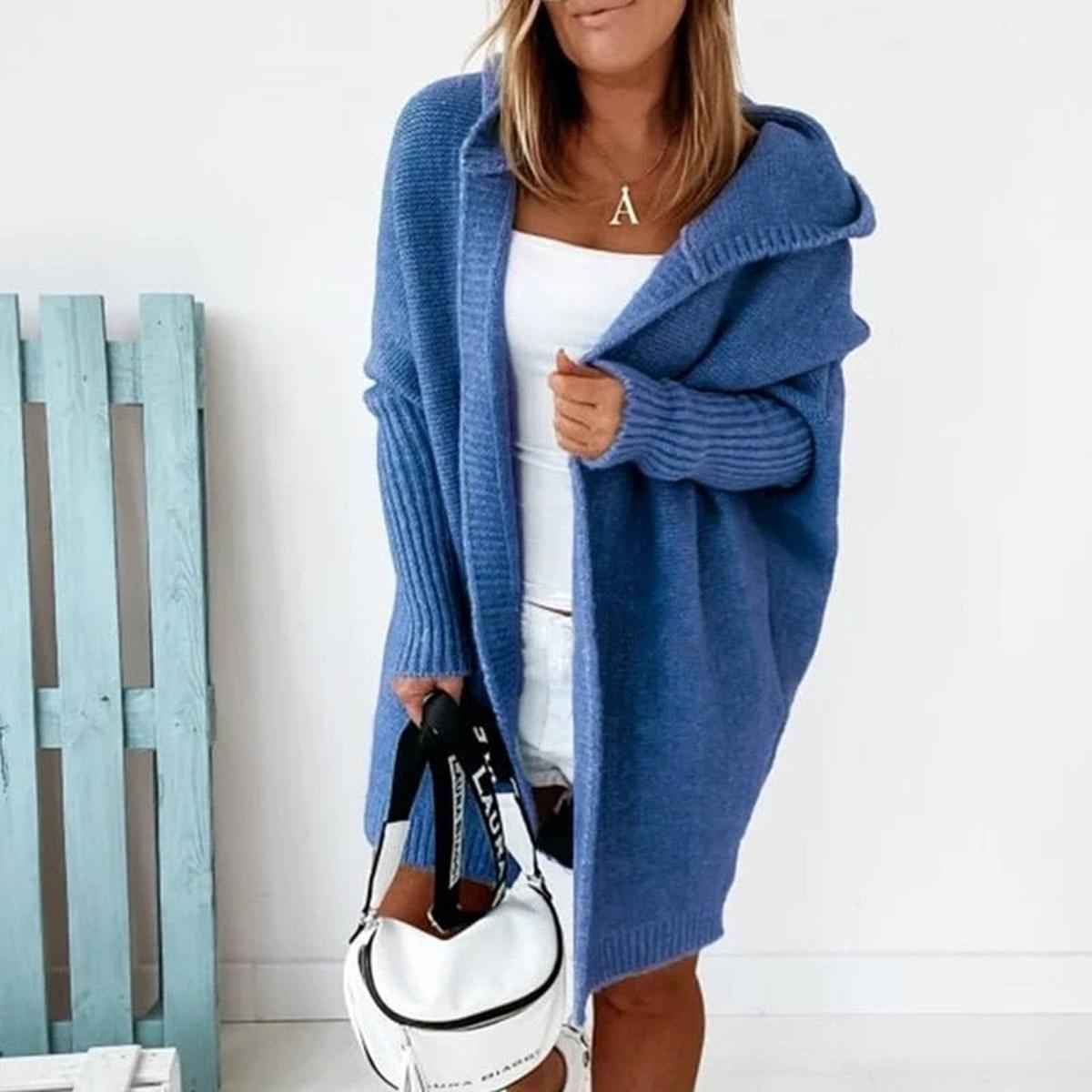 Relaxed Fit Hooded Cardigan with Batwing Sleeves