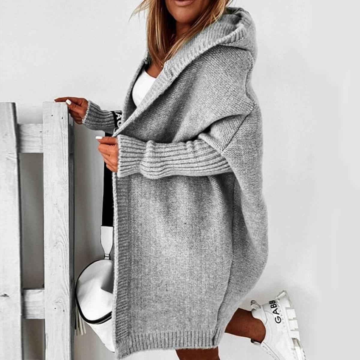 Relaxed Fit Hooded Cardigan with Batwing Sleeves