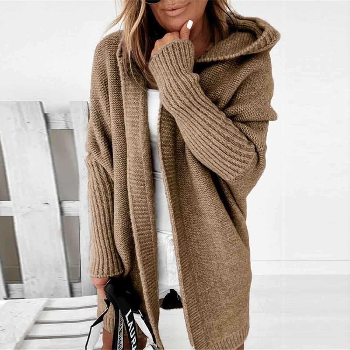 Relaxed Fit Hooded Cardigan with Batwing Sleeves
