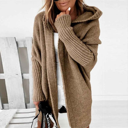 Relaxed Fit Hooded Cardigan with Batwing Sleeves