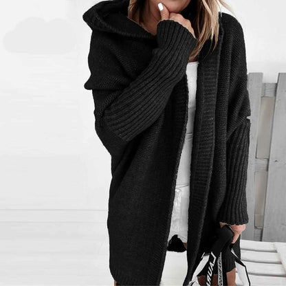 Relaxed Fit Hooded Cardigan with Batwing Sleeves