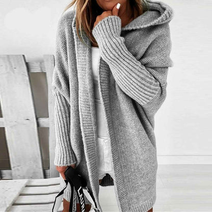 Relaxed Fit Hooded Cardigan with Batwing Sleeves